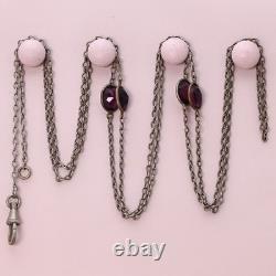 Antique Victorian Bezel Set Amethyst Paste Glass Silver Plate 45 Chain Necklace