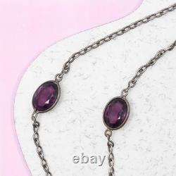 Antique Victorian Bezel Set Amethyst Paste Glass Silver Plate 45 Chain Necklace