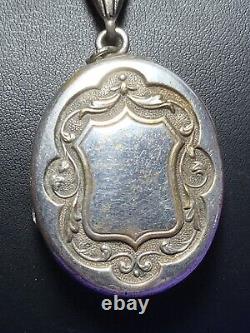 Antique Victorian C1880 Silver Plate Embossed Locket Pendant On Book Chain