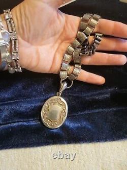 Antique Victorian C1880 Silver Plate Embossed Locket Pendant On Book Chain