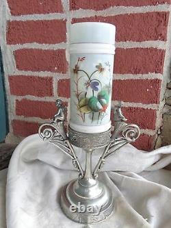 Antique Victorian Cherub Silver Plate Holder Painted Violets Art Glass Ring Vase