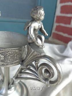 Antique Victorian Cherub Silver Plate Holder Painted Violets Art Glass Ring Vase