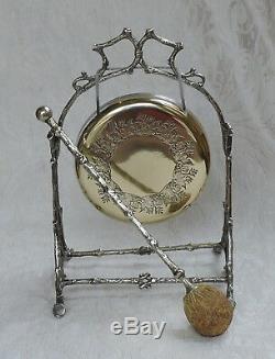 Antique Victorian Dinner Gong Matching Striker Silver Plate Frame Tree Branches