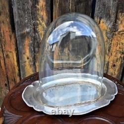 Antique Victorian Glass Cloche Dome Shop Display England Silver Plate Tray Mediu