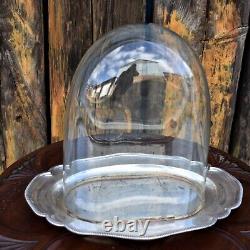 Antique Victorian Glass Cloche Dome Shop Display England Silver Plate Tray Mediu