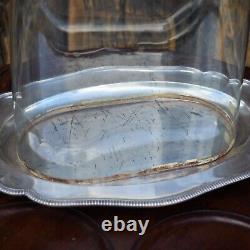 Antique Victorian Glass Cloche Dome Shop Display England Silver Plate Tray Mediu