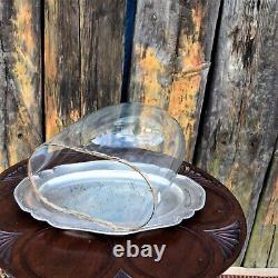 Antique Victorian Glass Cloche Dome Shop Display England Silver Plate Tray Mediu