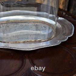 Antique Victorian Glass Cloche Dome Shop Display England Silver Plate Tray Mediu