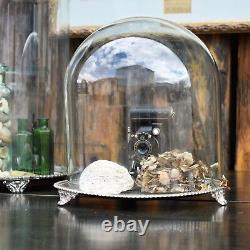 Antique Victorian Glass Cloche Dome Shop Display England Silver Plate Tray Pair