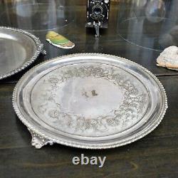 Antique Victorian Glass Cloche Dome Shop Display England Silver Plate Tray Pair