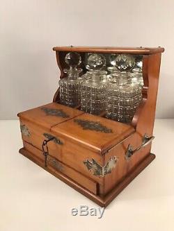 Antique Victorian Inlaid Light Oak & Silver Plate Triple Decanter Tantalus Set