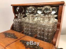 Antique Victorian Inlaid Light Oak & Silver Plate Triple Decanter Tantalus Set