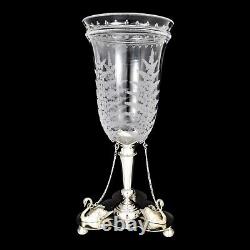 Antique Victorian Mappin Webb glass celery vase fern engraved silver plated swan