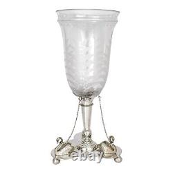 Antique Victorian Mappin Webb glass celery vase fern engraved silver plated swan