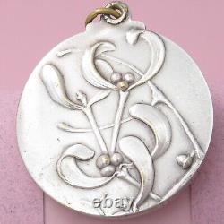 Antique Victorian Mistletoe Silver Plated Repousse Slide Mirror Locket Pendant