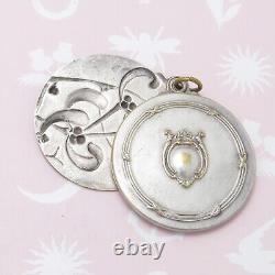 Antique Victorian Mistletoe Silver Plated Repousse Slide Mirror Locket Pendant