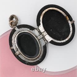 Antique Victorian Mourning French Vulcanite M Silver Plate Pendant Locket