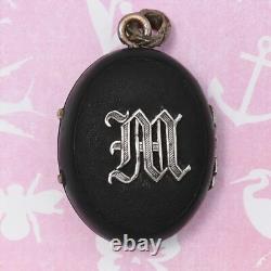 Antique Victorian Mourning French Vulcanite M Silver Plate Pendant Locket