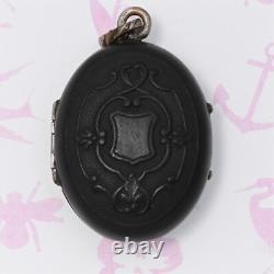Antique Victorian Mourning French Vulcanite M Silver Plate Pendant Locket