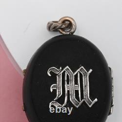 Antique Victorian Mourning French Vulcanite M Silver Plate Pendant Locket