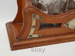 Antique-Victorian-Oak Cased/Silver Plated 3 Decanter Tantalus + Lock & Key-c1900