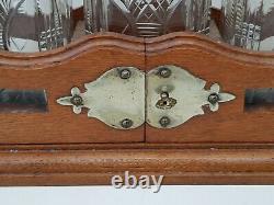 Antique-Victorian-Oak Cased/Silver Plated 3 Decanter Tantalus + Lock & Key-c1900