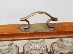 Antique-Victorian-Oak Cased/Silver Plated 3 Decanter Tantalus + Lock & Key-c1900