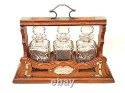 Antique-Victorian-Oak Cased/Silver Plated 3 Decanter Tantalus + Lock & Key-c1900