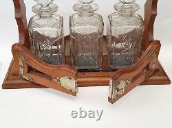 Antique-Victorian-Oak Cased/Silver Plated 3 Decanter Tantalus + Lock & Key-c1900