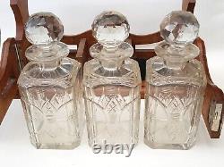 Antique-Victorian-Oak Cased/Silver Plated 3 Decanter Tantalus + Lock & Key-c1900