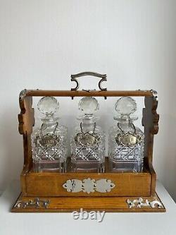 Antique Victorian Oak & Silver Plated Tantalus With 3 Decanters, Labels And Key