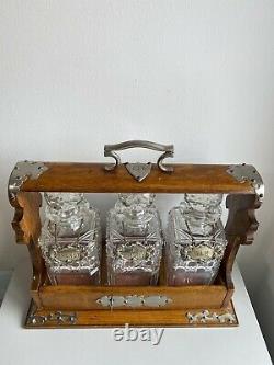 Antique Victorian Oak & Silver Plated Tantalus With 3 Decanters, Labels And Key