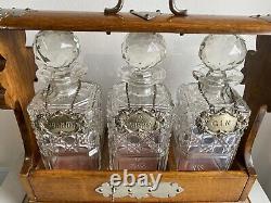 Antique Victorian Oak & Silver Plated Tantalus With 3 Decanters, Labels And Key