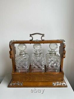 Antique Victorian Oak & Silver Plated Tantalus With 3 Decanters, Labels And Key