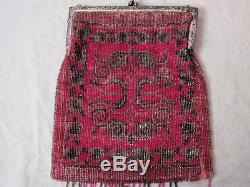 Antique Victorian Red Metallic Micro Beaded Purse Silver Plate Aesthetic Frame