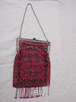 Antique Victorian Red Metallic Micro Beaded Purse Silver Plate Aesthetic Frame