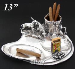 Antique Victorian Silver Plate 13 Cigar Smoker's Stand, Hunting Dogs or Hounds