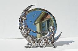 Antique Victorian Silver Plated Figural Moon & Cherub Round Mirror Marked Roger