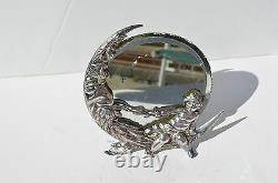 Antique Victorian Silver Plated Figural Moon & Cherub Round Mirror Marked Roger