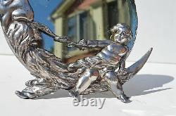 Antique Victorian Silver Plated Figural Moon & Cherub Round Mirror Marked Roger