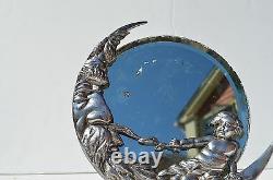 Antique Victorian Silver Plated Figural Moon & Cherub Round Mirror Marked Roger