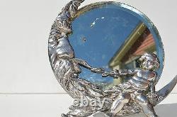 Antique Victorian Silver Plated Figural Moon & Cherub Round Mirror Marked Roger