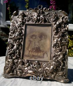Antique Victorian Silver Plated Ornate Cast Metal Cherub Easel Back Photo Frame