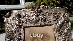 Antique Victorian Silver Plated Ornate Cast Metal Cherub Easel Back Photo Frame