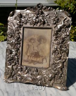 Antique Victorian Silver Plated Ornate Cast Metal Cherub Easel Back Photo Frame