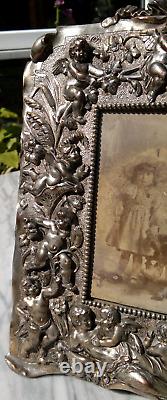 Antique Victorian Silver Plated Ornate Cast Metal Cherub Easel Back Photo Frame