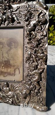 Antique Victorian Silver Plated Ornate Cast Metal Cherub Easel Back Photo Frame