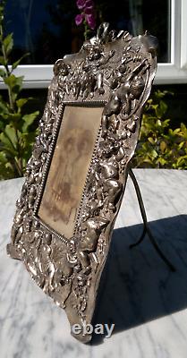 Antique Victorian Silver Plated Ornate Cast Metal Cherub Easel Back Photo Frame