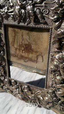 Antique Victorian Silver Plated Ornate Cast Metal Cherub Easel Back Photo Frame