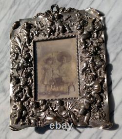 Antique Victorian Silver Plated Ornate Cast Metal Cherub Easel Back Photo Frame